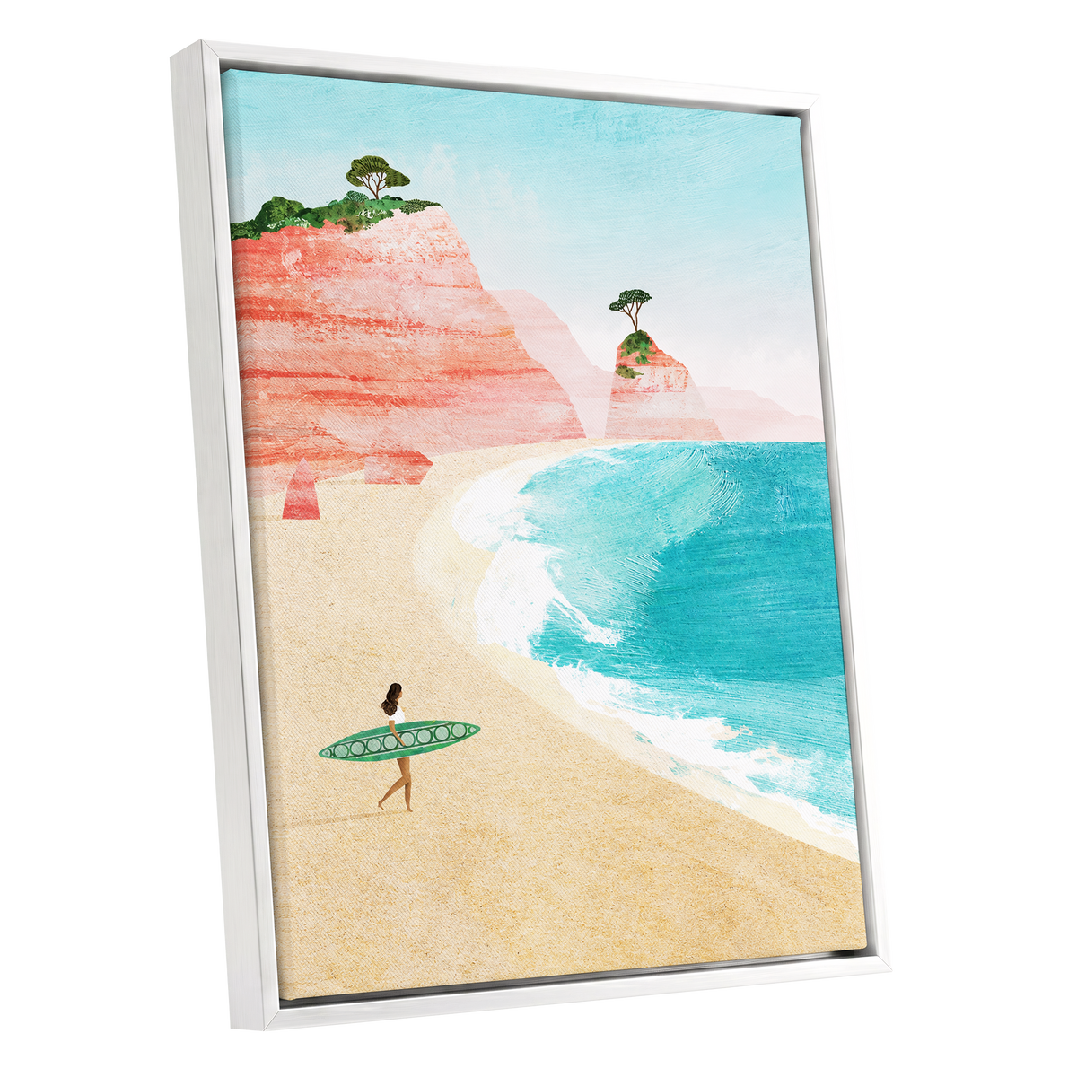 Coral Cove Wanderer, blue, beige, pink nature wall art shown as a white framed canvas wall art
