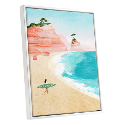 Coral Cove Wanderer, blue, beige, pink nature wall art shown as a white framed canvas wall art