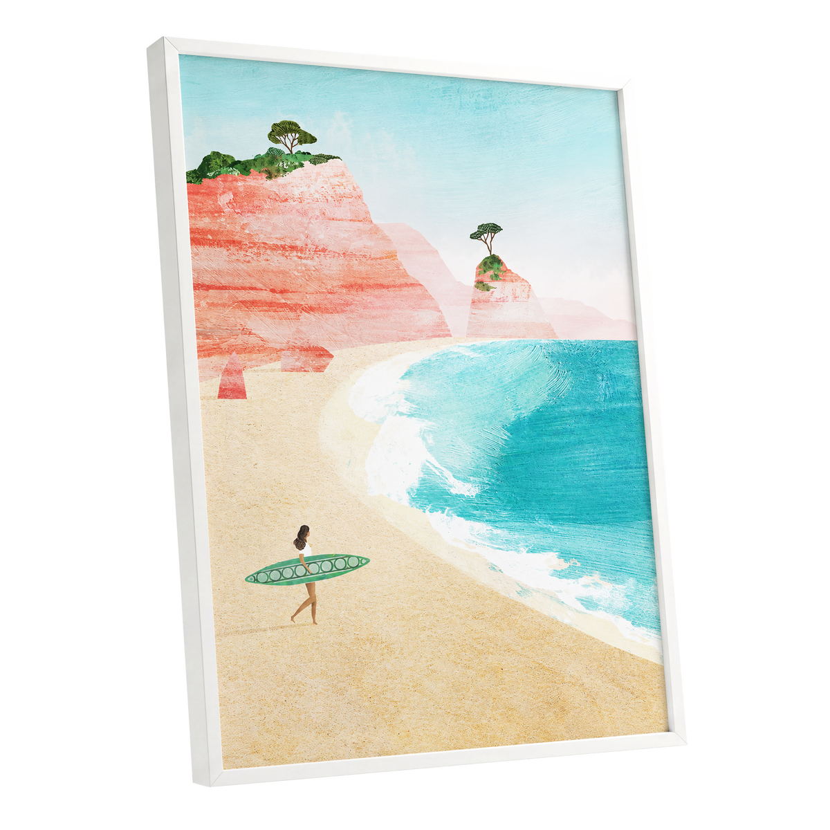 Coral Cove Wanderer, blue, beige, pink nature wall art shown as a white framed poster wall art print