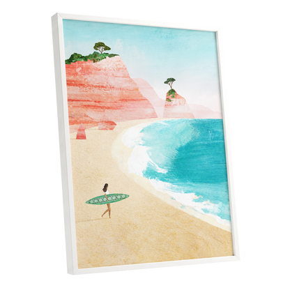 Coral Cove Wanderer, blue, beige, pink nature wall art shown as a white framed poster wall art print