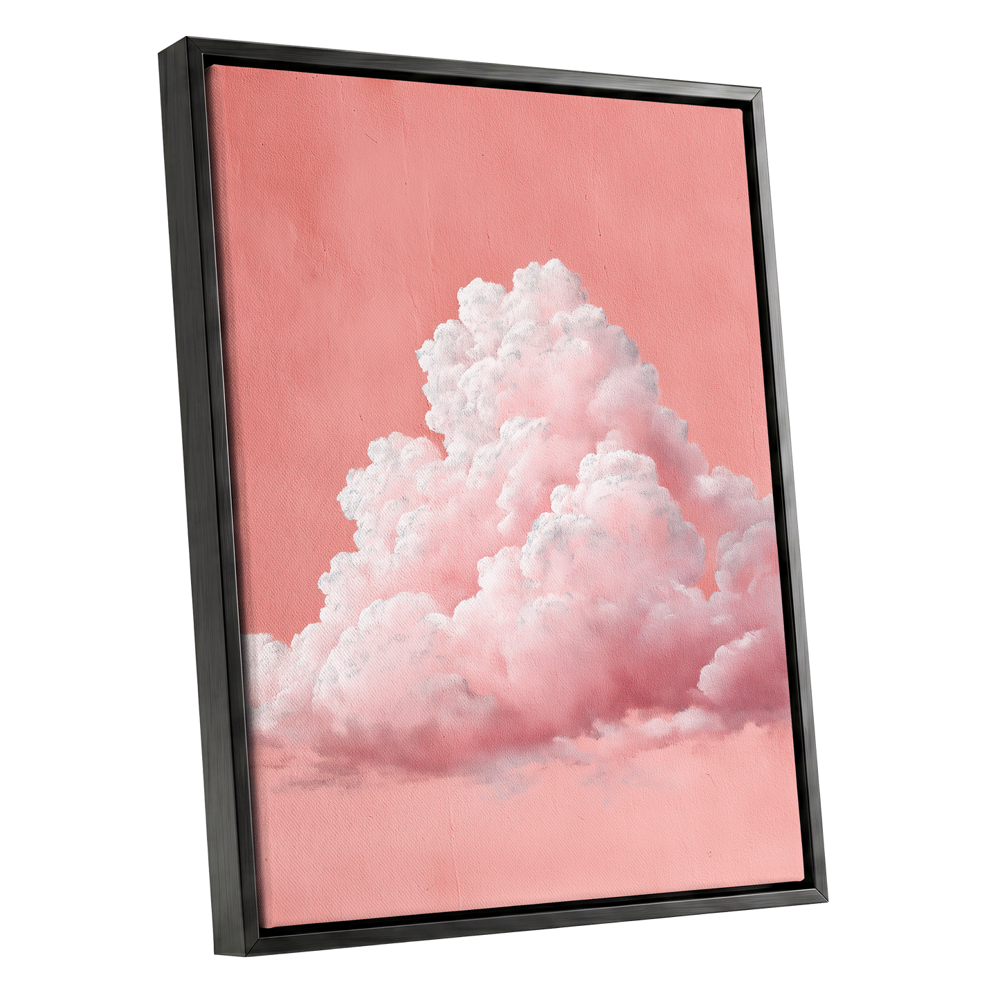 Coral Cumulus, pink, white, gray nature wall art shown as a black framed canvas wall art