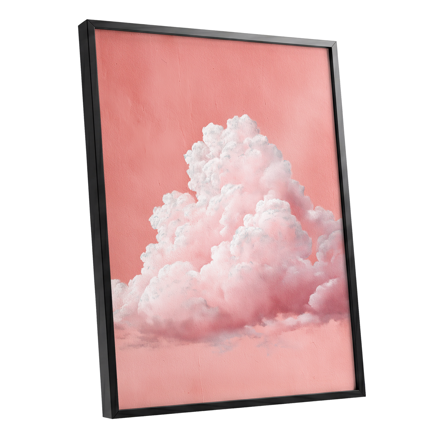 Coral Cumulus, pink, white, gray nature wall art shown as a black framed poster wall art print