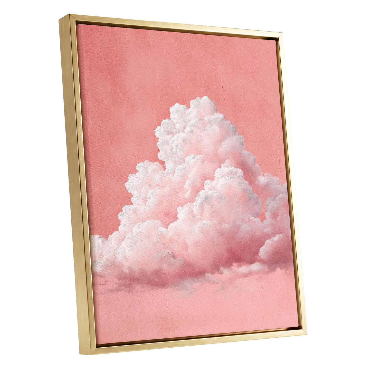 Coral Cumulus, pink, white, gray nature wall art shown as a gold framed canvas wall art