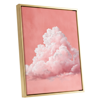 Coral Cumulus, pink, white, gray nature wall art shown as a gold framed canvas wall art