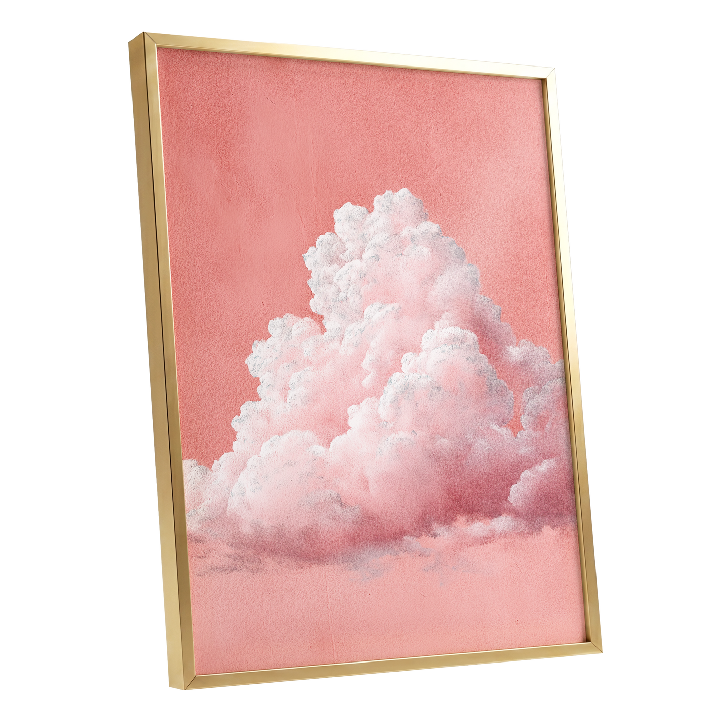 Coral Cumulus, pink, white, gray nature wall art shown as a gold framed poster wall art print