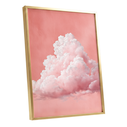 Coral Cumulus, pink, white, gray nature wall art shown as a gold framed poster wall art print