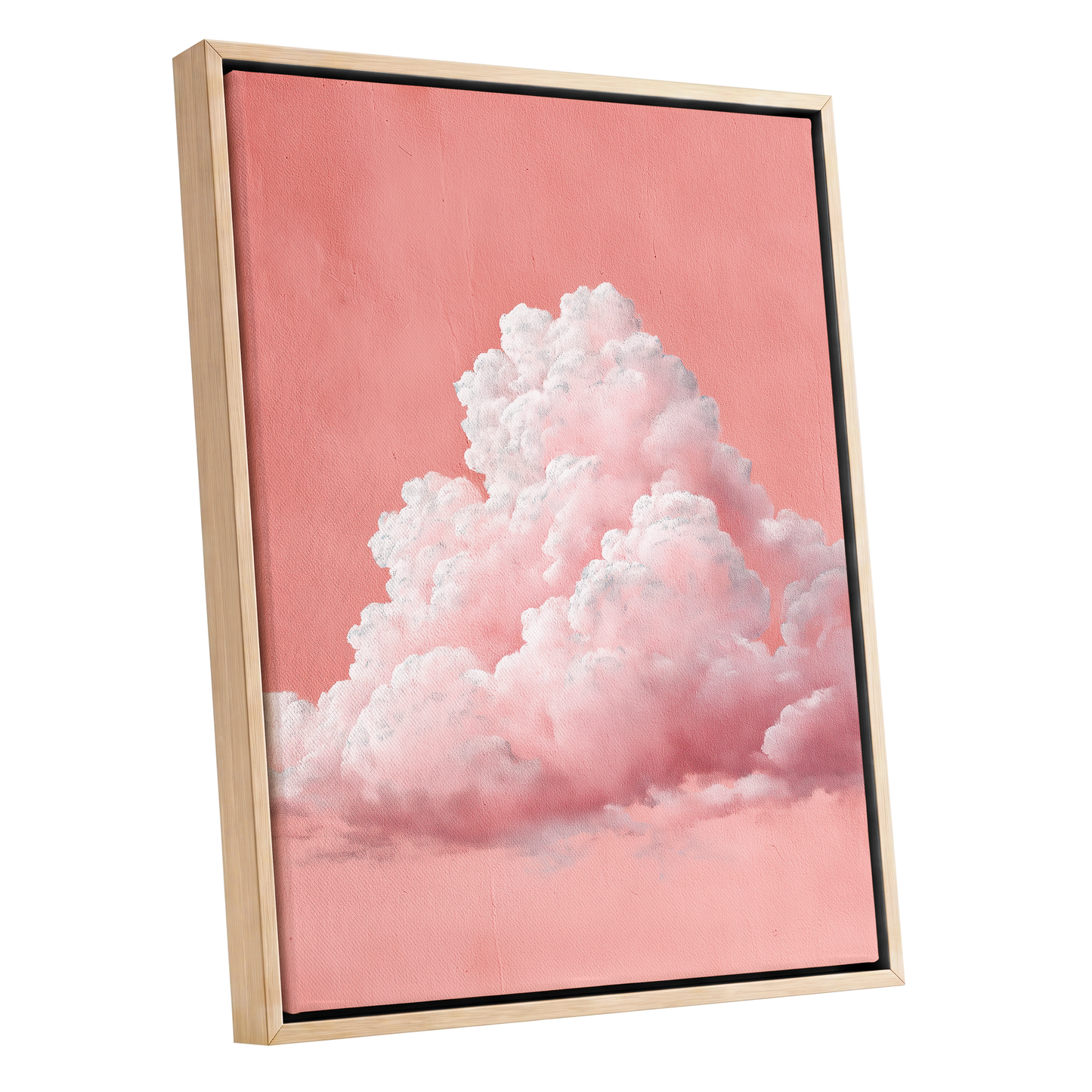 Coral Cumulus, pink, white, gray nature wall art shown as a oak framed canvas wall art