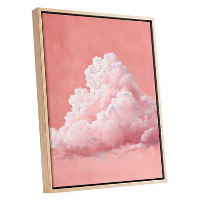 Coral Cumulus, pink, white, gray nature wall art shown as a oak framed canvas wall art