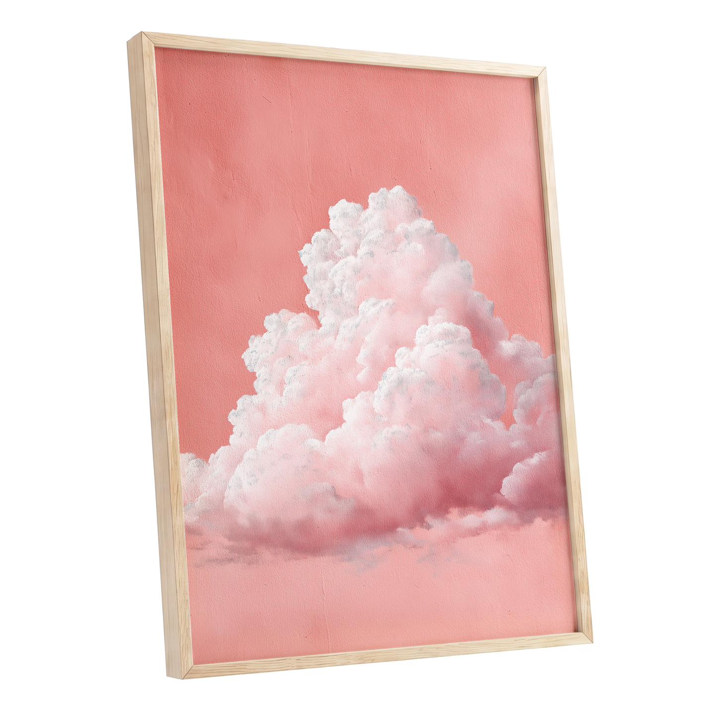 Coral Cumulus, pink, white, gray nature wall art shown as a oak framed poster wall art print