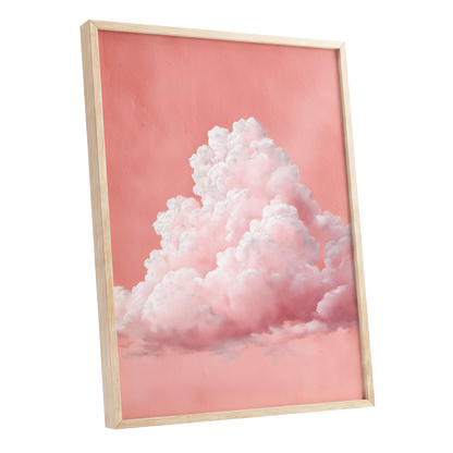 Coral Cumulus, pink, white, gray nature wall art shown as a oak framed poster wall art print