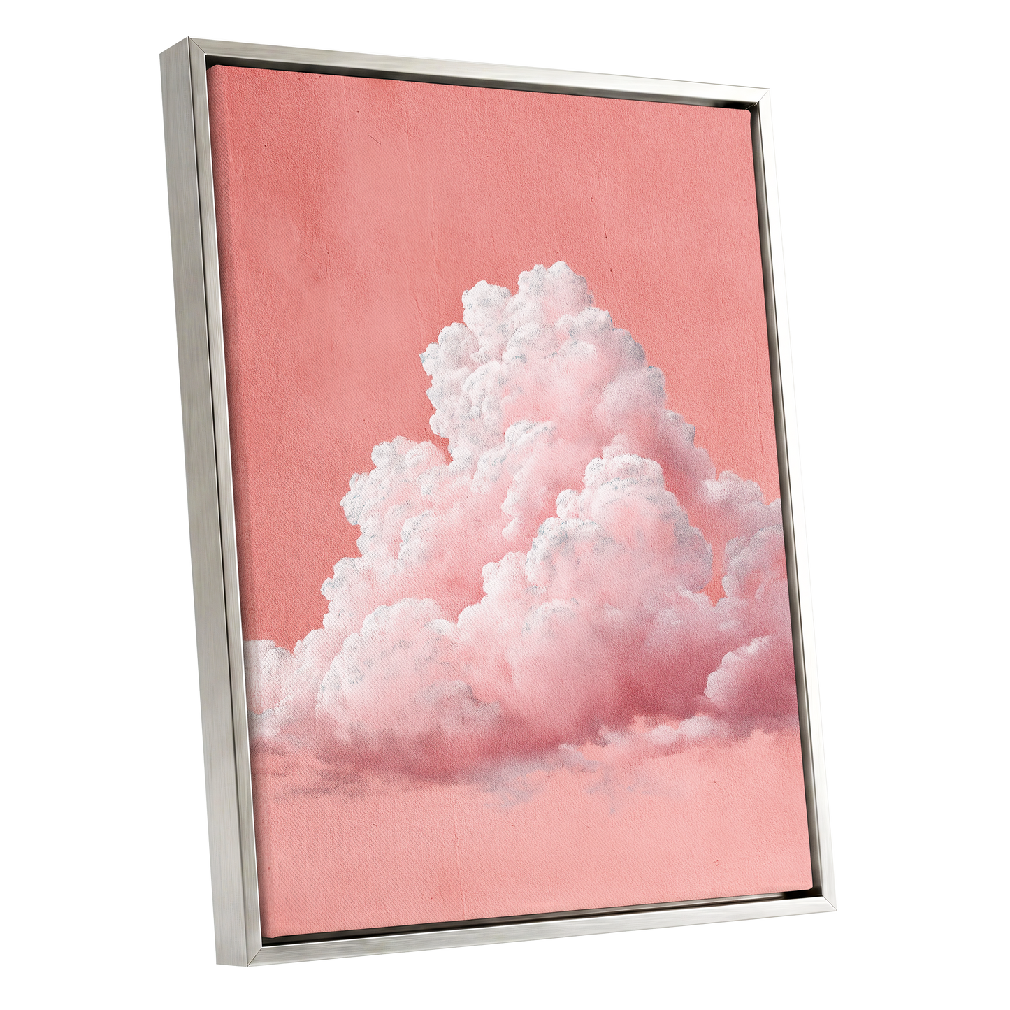 Coral Cumulus, pink, white, gray nature wall art shown as a silver framed canvas wall art