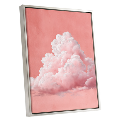 Coral Cumulus, pink, white, gray nature wall art shown as a silver framed canvas wall art