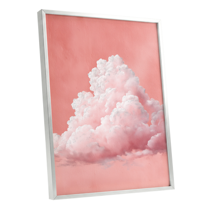 Coral Cumulus, pink, white, gray nature wall art shown as a silver framed poster wall art print