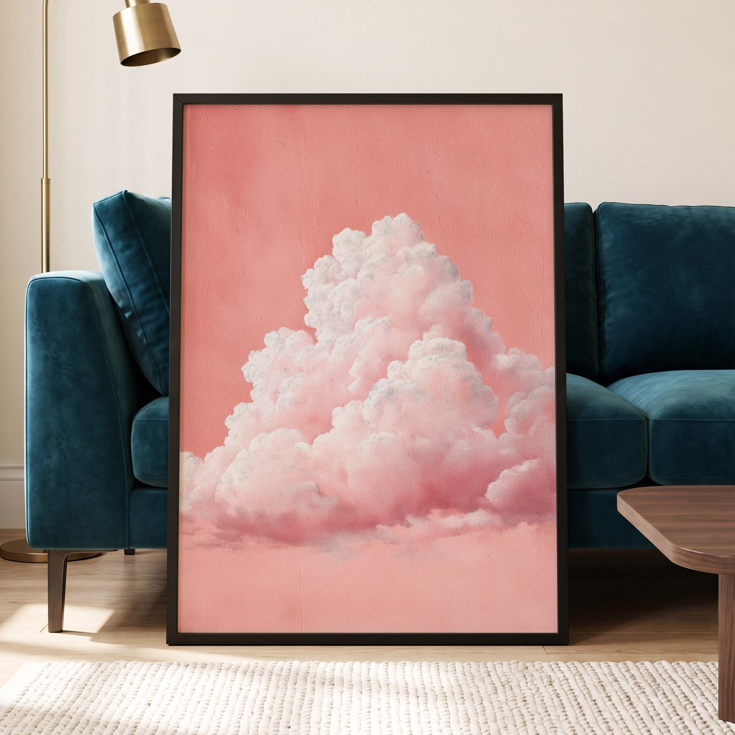 Coral Cumulus, pink, white, gray nature wall art displayed in a styled interior, gallery view 2