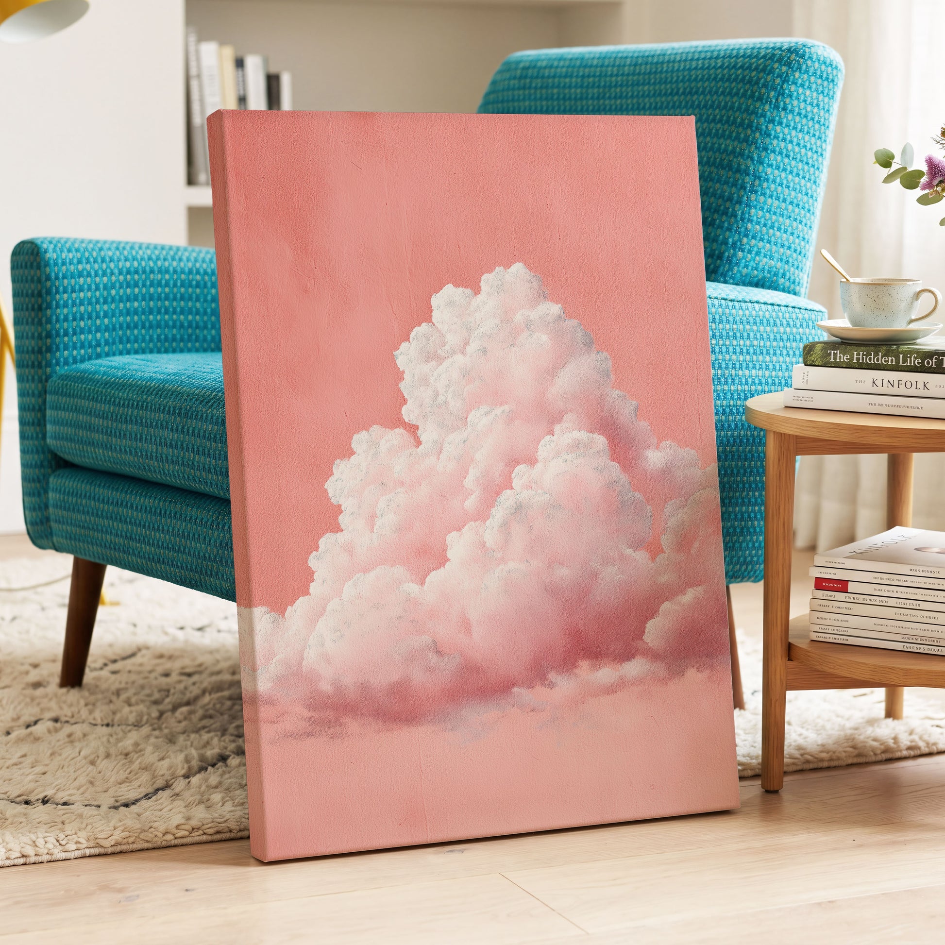 Coral Cumulus, pink, white, gray nature wall art displayed in a styled interior, gallery view 3