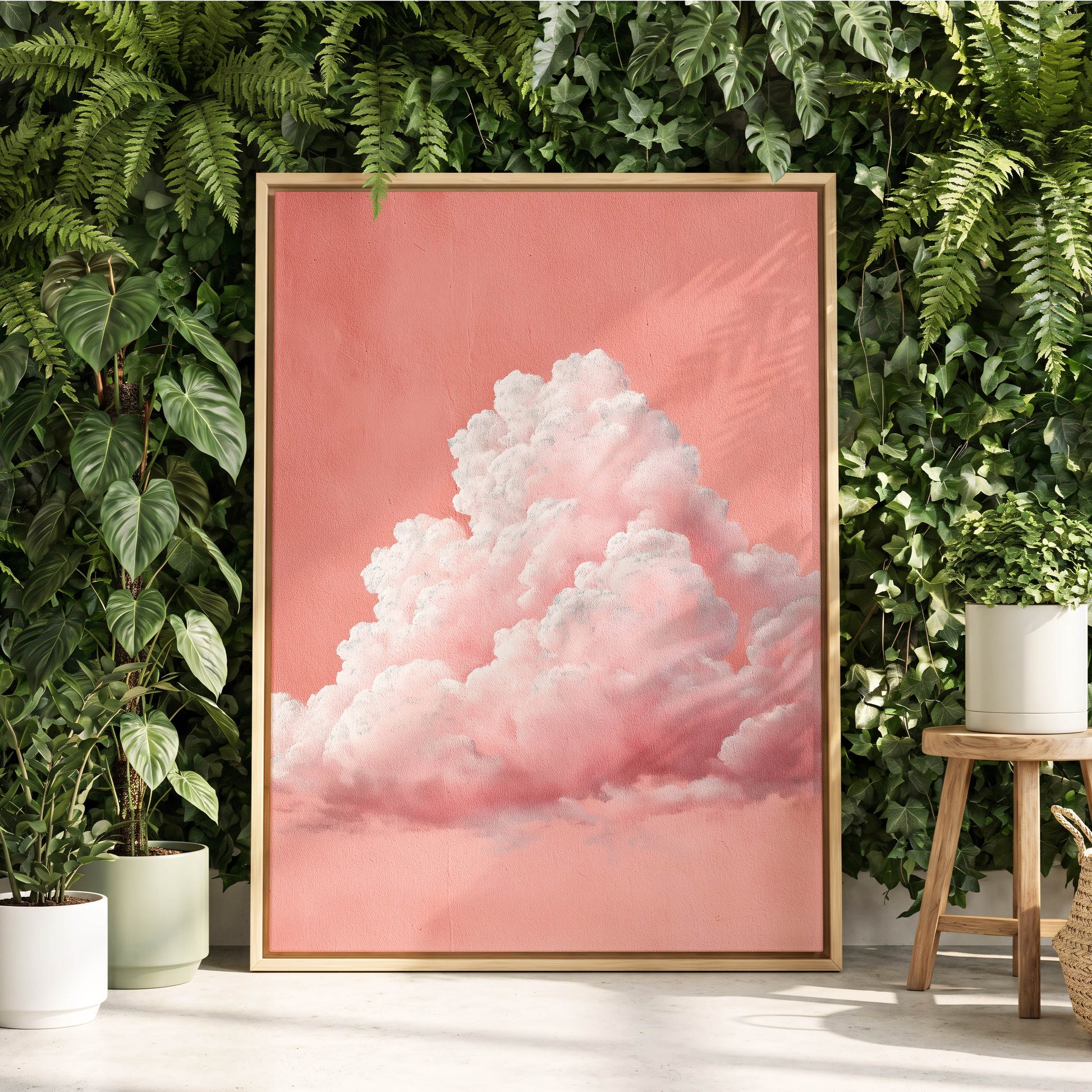 Coral Cumulus, pink, white, gray nature wall art displayed in a styled interior, gallery view 4