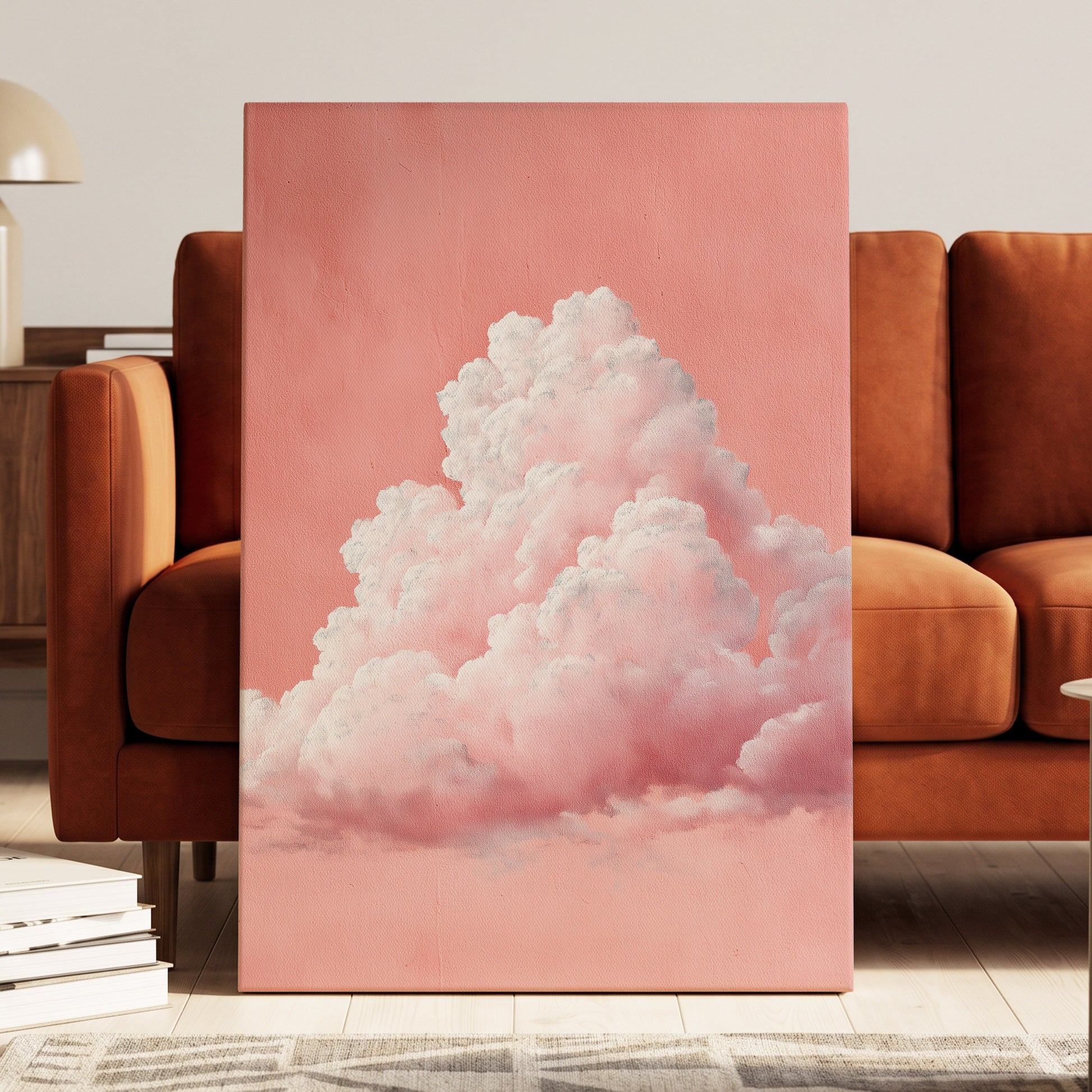 Coral Cumulus, pink, white, gray nature wall art displayed in a styled interior, gallery view 7