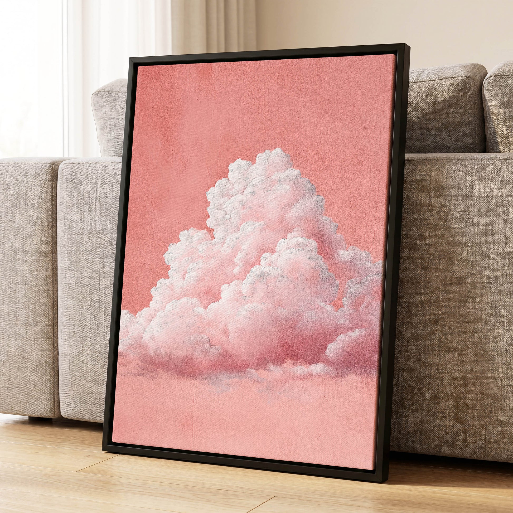 Coral Cumulus, pink, white, gray nature wall art displayed in a styled interior, gallery view 8
