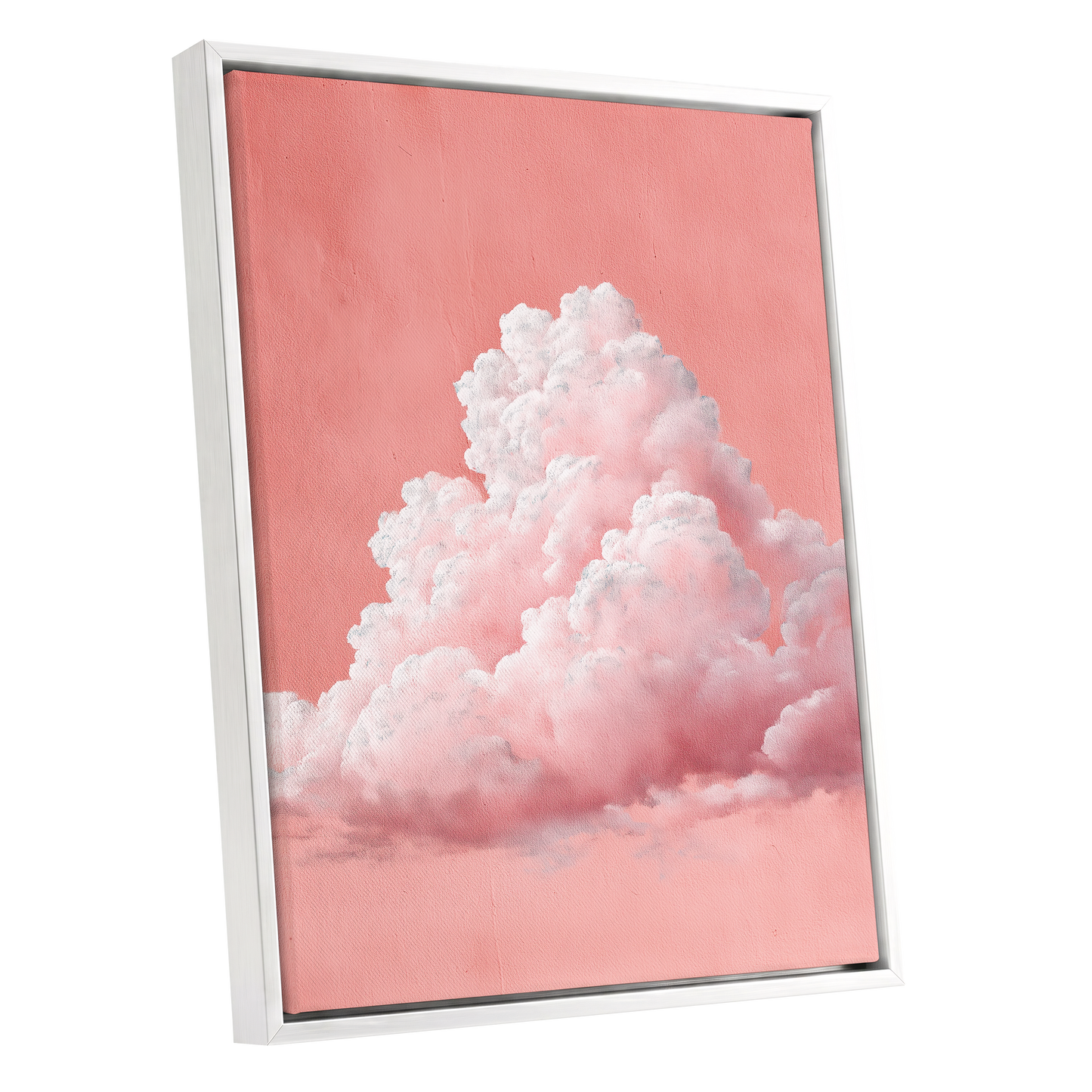 Coral Cumulus, pink, white, gray nature wall art shown as a white framed canvas wall art