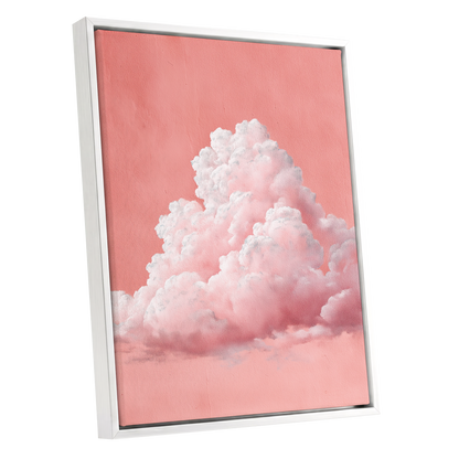 Coral Cumulus, pink, white, gray nature wall art shown as a white framed canvas wall art
