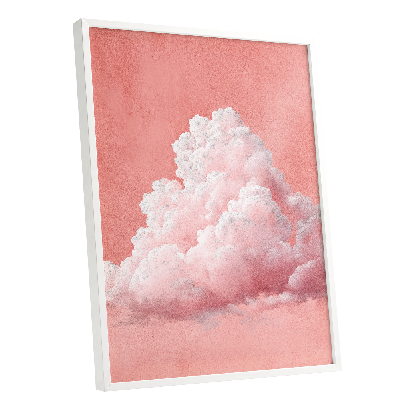 Coral Cumulus, pink, white, gray nature wall art shown as a white framed poster wall art print