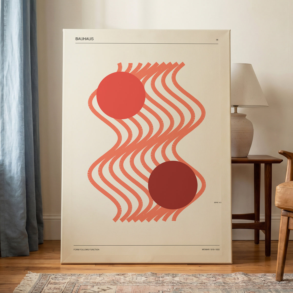 Coral Current No. 38, beige, orange, red abstract wall art on canvas displayed in a styled interior, gallery view 1