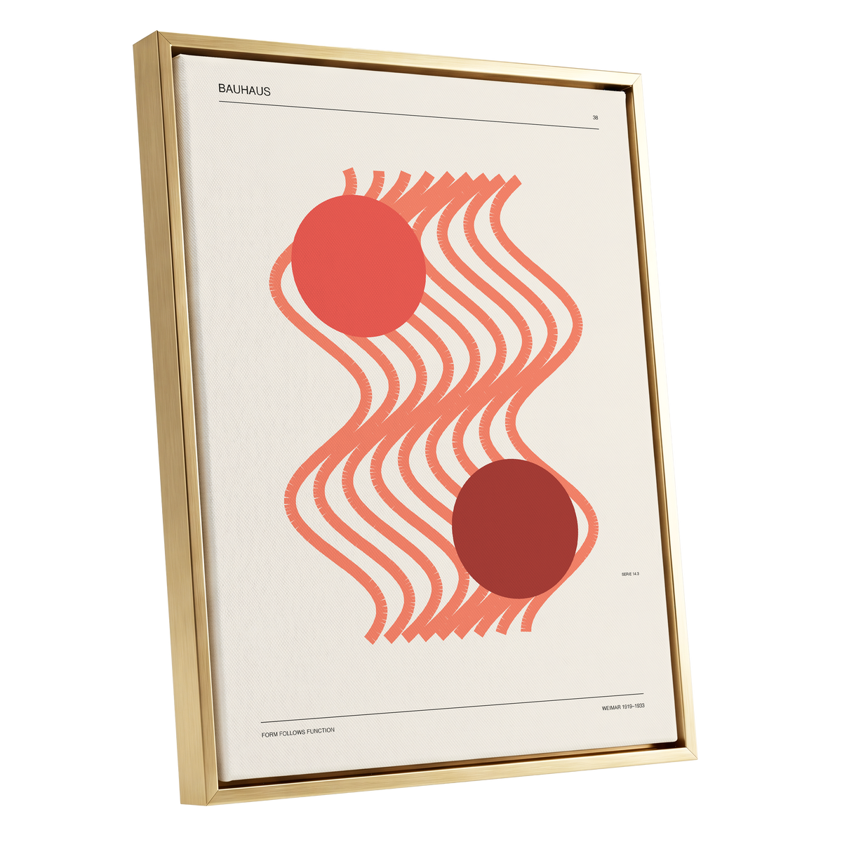 Coral Current No. 38, beige, orange, red abstract wall art shown as a gold framed canvas wall art