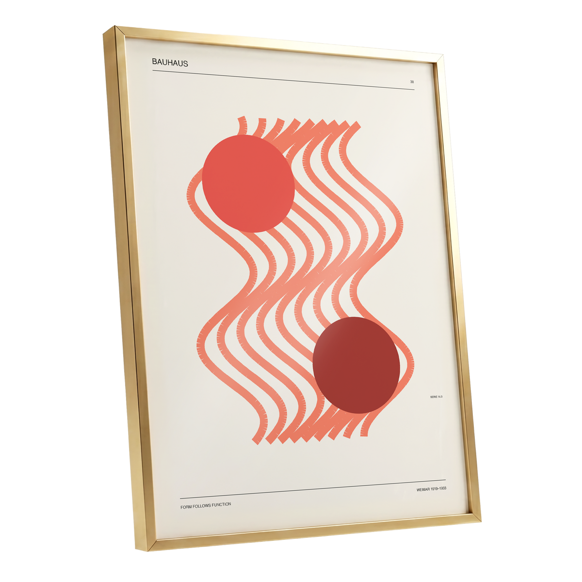 Coral Current No. 38, beige, orange, red abstract wall art shown as a gold framed poster wall art print