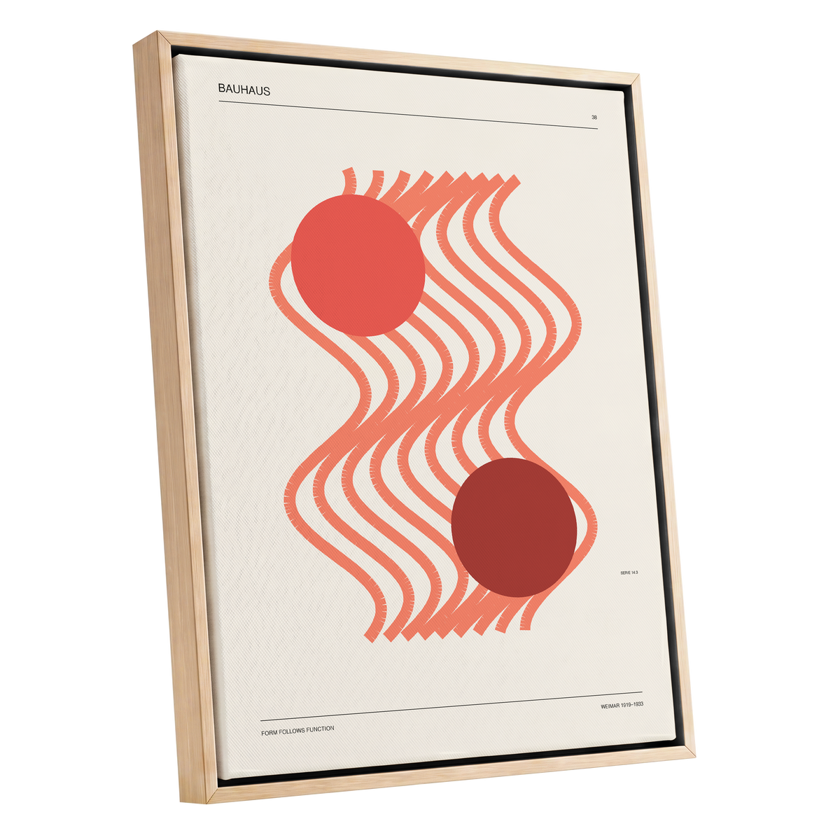 Coral Current No. 38, beige, orange, red abstract wall art shown as a oak framed canvas wall art
