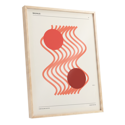 Coral Current No. 38, beige, orange, red abstract wall art shown as a oak framed poster wall art print