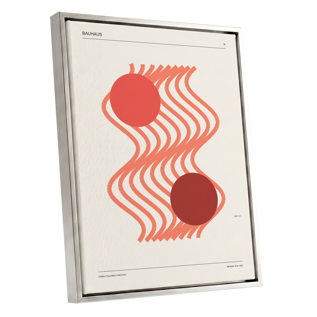 Coral Current No. 38, beige, orange, red abstract wall art shown as a silver framed canvas wall art