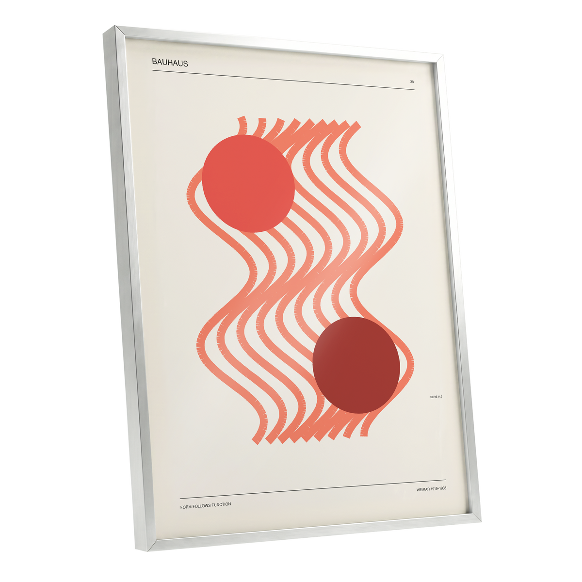 Coral Current No. 38, beige, orange, red abstract wall art shown as a silver framed poster wall art print