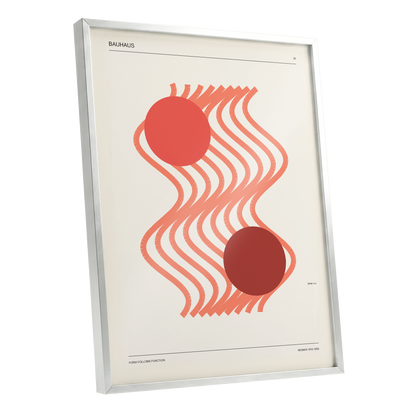 Coral Current No. 38, beige, orange, red abstract wall art shown as a silver framed poster wall art print