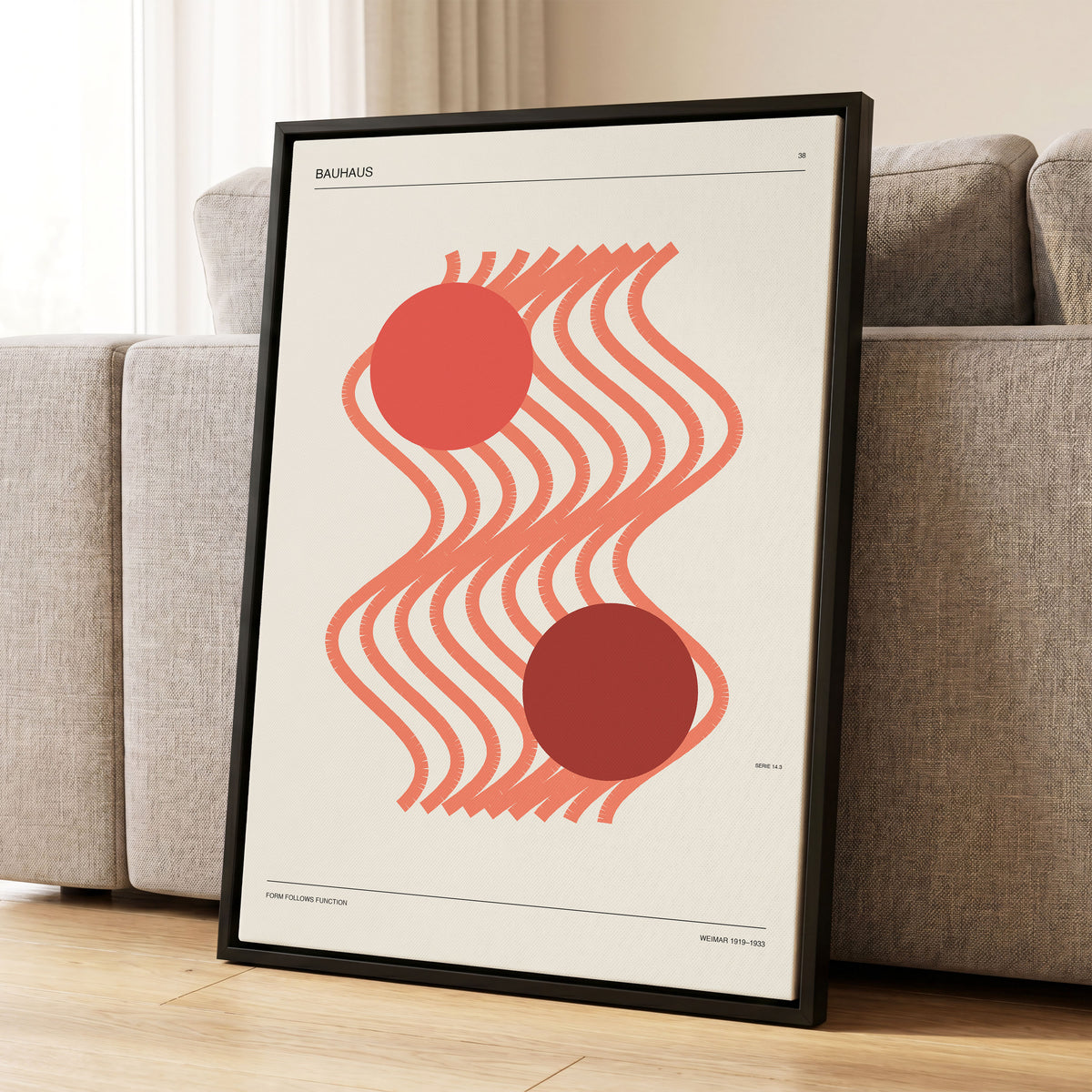 Coral Current No. 38, beige, orange, red abstract wall art displayed in a styled interior, gallery view 1