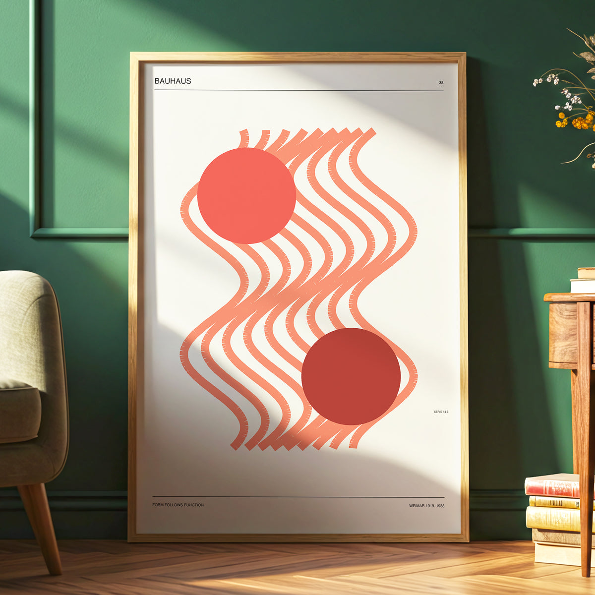 Coral Current No. 38, beige, orange, red abstract wall art displayed in a styled interior, gallery view 6