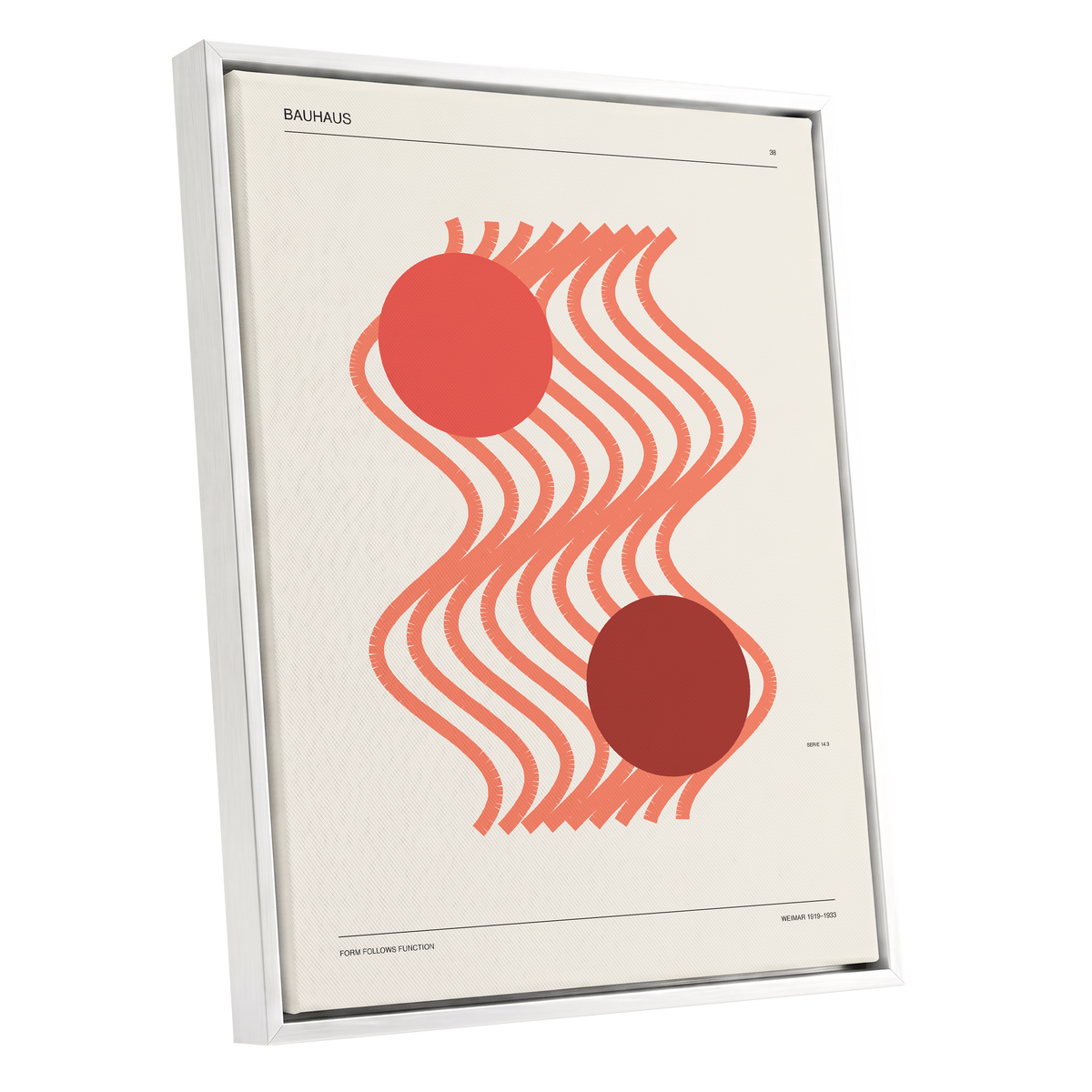 Coral Current No. 38, beige, orange, red abstract wall art shown as a white framed canvas wall art