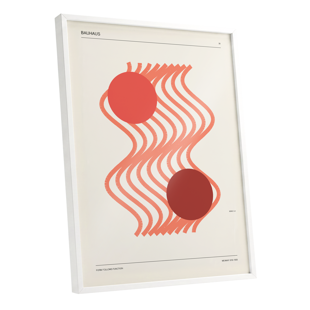 Coral Current No. 38, beige, orange, red abstract wall art shown as a white framed poster wall art print