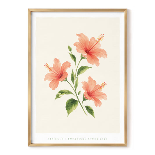 Coral Hibiscus Study, pink, green, beige floral wall art, front artwork view