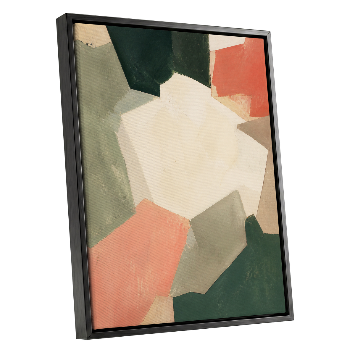 Coral Interval, green, beige, orange abstract wall art shown as a black framed canvas wall art