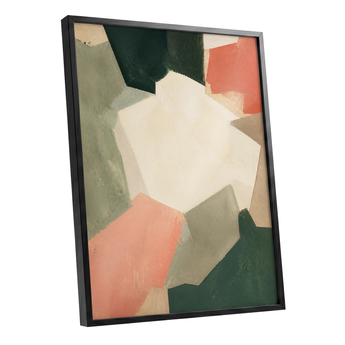Coral Interval, green, beige, orange abstract wall art shown as a black framed poster wall art print