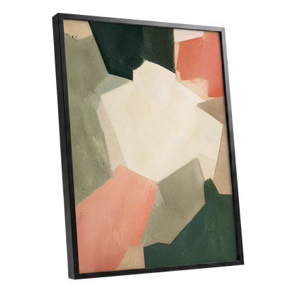 Coral Interval, green, beige, orange abstract wall art shown as a black framed poster wall art print