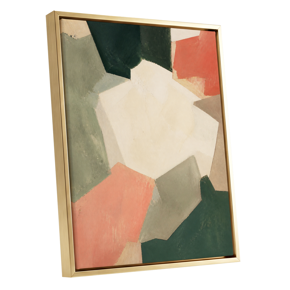 Coral Interval, green, beige, orange abstract wall art shown as a gold framed canvas wall art