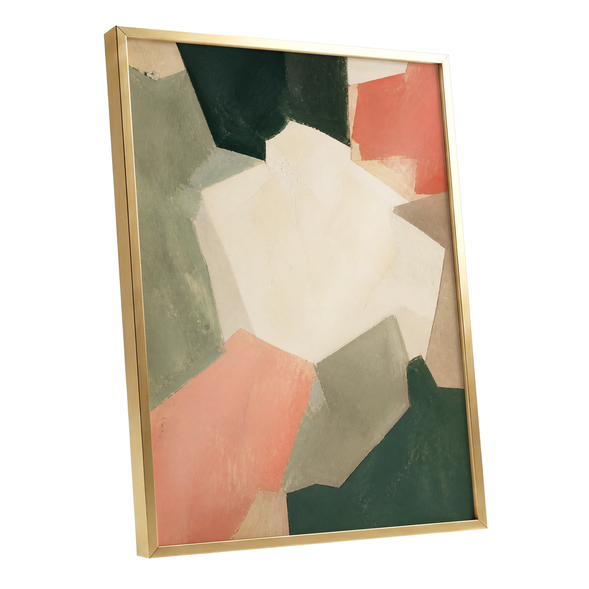 Coral Interval, green, beige, orange abstract wall art shown as a gold framed poster wall art print