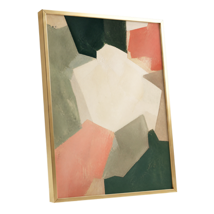 Coral Interval, green, beige, orange abstract wall art shown as a gold framed poster wall art print