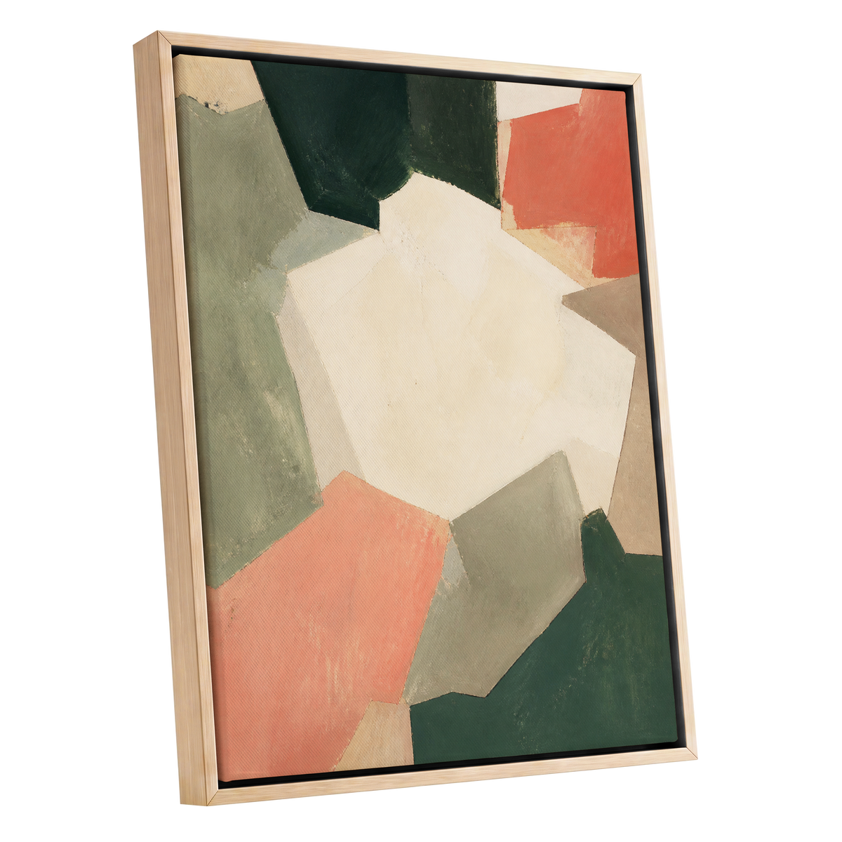 Coral Interval, green, beige, orange abstract wall art shown as a oak framed canvas wall art