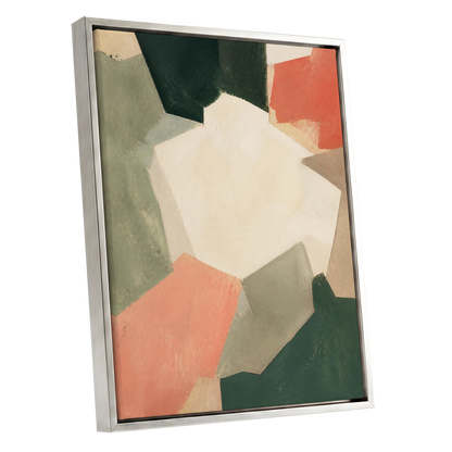 Coral Interval, green, beige, orange abstract wall art shown as a silver framed canvas wall art