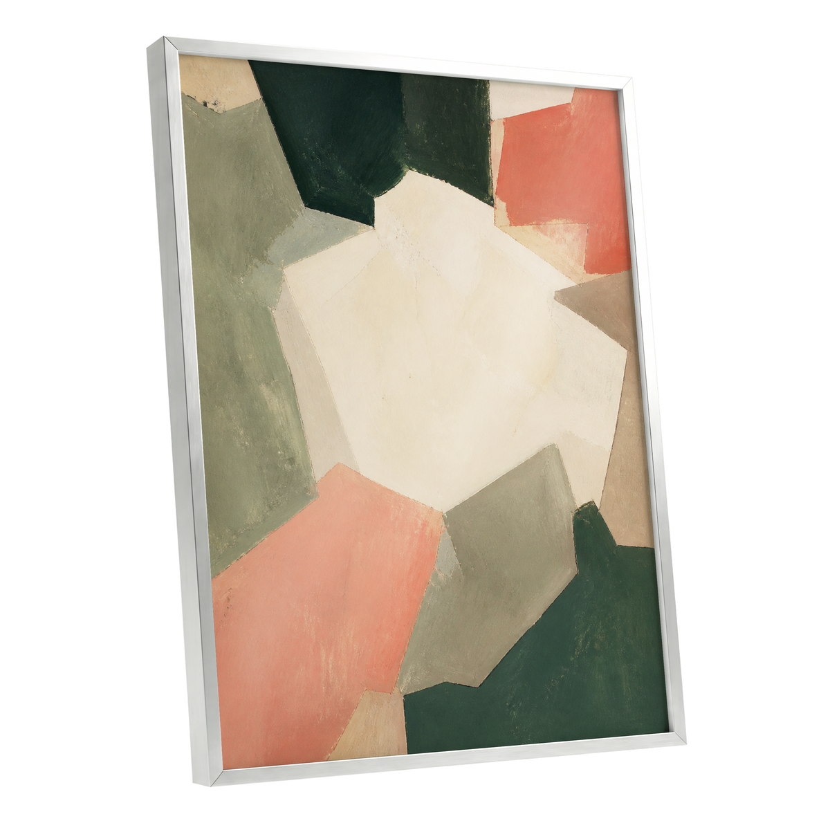 Coral Interval, green, beige, orange abstract wall art shown as a silver framed poster wall art print