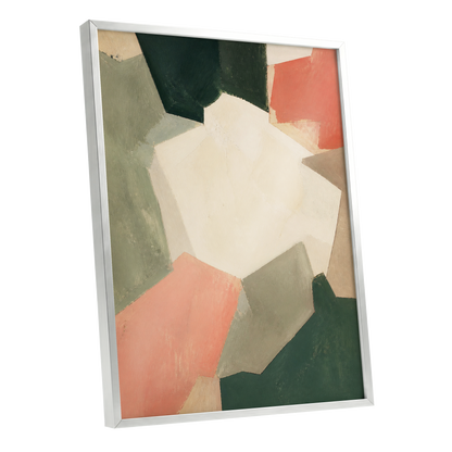 Coral Interval, green, beige, orange abstract wall art shown as a silver framed poster wall art print