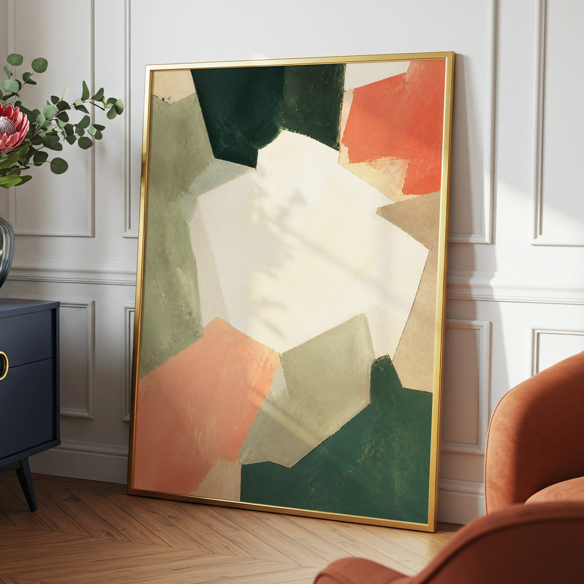 Coral Interval, green, beige, orange abstract wall art displayed in a styled interior, gallery view 2