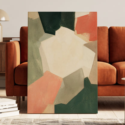 Coral Interval, green, beige, orange abstract wall art displayed in a styled interior, gallery view 3
